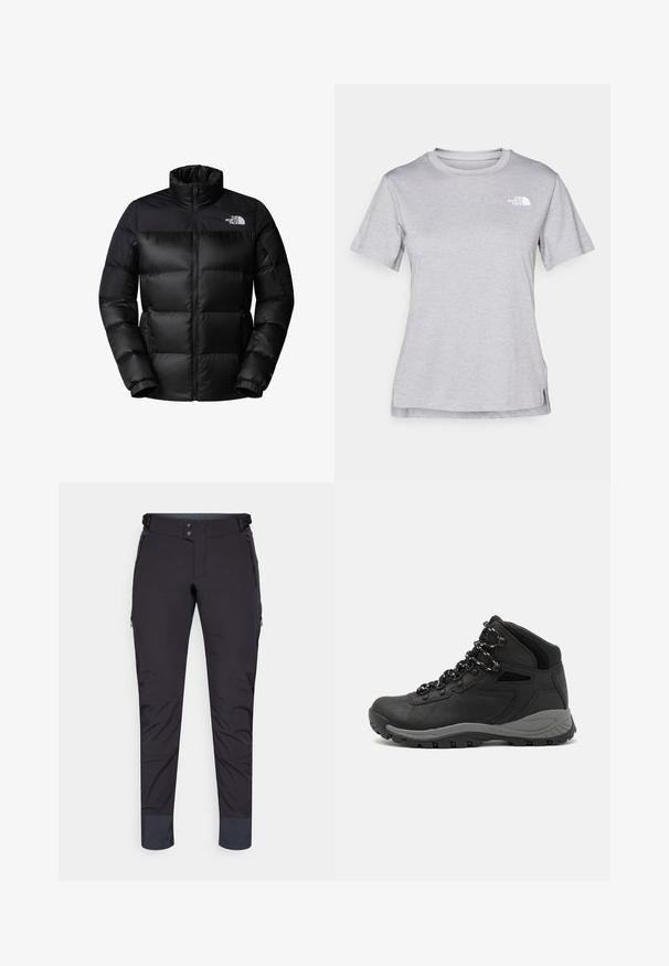 Black puffer jacket with a zip-up front, high collar, and ribbed cuffs. Features a matte finish and a logo on the upper left side.; Grey short-sleeve t-shirt made of soft, moisture-wicking fabric. Features a crew neck and a small white logo on the upper left.; Black technical pants with a smooth texture, zippered pockets, and a tapered leg. Features a double button closure and reinforced cuffs.; Black hiking boot with a mid-top design, featuring a textured upper, gray accents, and durable rubber sole with traction lugs.