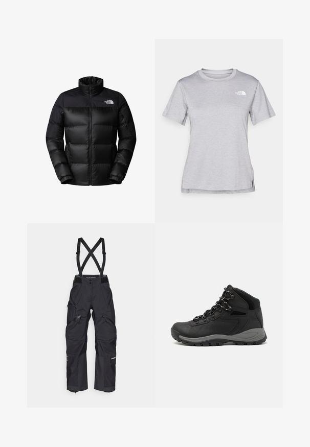 Jachetă puffer neagră cu fermoar frontal, guler înalt și manșete ribbate. Are un finisaj mat și un logo pe partea stângă sus.; Tricou scurt cu mânecă gri, fabricat dintr-un material moale, care absoarbe umezeala. Are un guler rotund și un mic logo alb în partea stângă sus.; Pantaloni tehnici negri cu bretele, având multiple buzunare cu fermoar, genunchi întăriți și un material durabil, rezistent la apă.; Botă de drumeție neagră cu un design mediu, având un material texturat, accente gri și o talpă din cauciuc durabilă cu crampoane pentru aderență.
