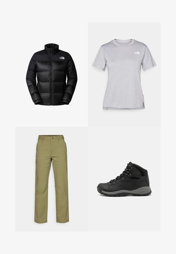 Črna puhovka z zadrgo spredaj, visokim ovratnikom in rebrastimi manšetami. Ima mat površino in logo na zgornji levi strani.; Siva kratka majica s kratkimi rokavi, izdelana iz mehkega, vlago odvračajočega materiala. Ima okroglo izrez in majhen bel logotip na zgornji levi strani.; Olive zelene hlače ravnega kroja, izdelane iz lahkega blaga. Imajo gumbno zapiranje in dve sprednji žep.; Črne pohodniške čevlje z srednje visokim dizajnom, ki imajo teksturirano zgornji del, sivi dodatki in vzdržljiv gumen podplat s protizdrsnimi izboklinami.