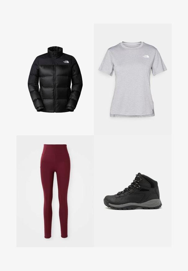 Black puffer jacket with a zip-up front, high collar, and ribbed cuffs. Features a matte finish and a logo on the upper left side.; Grey short-sleeve t-shirt made of soft, moisture-wicking fabric. Features a crew neck and a small white logo on the upper left.; Burgundy high-waisted leggings made of stretchy fabric, featuring a smooth texture and a side pocket detail.; Black hiking boot with a mid-top design, featuring a textured upper, gray accents, and durable rubber sole with traction lugs.