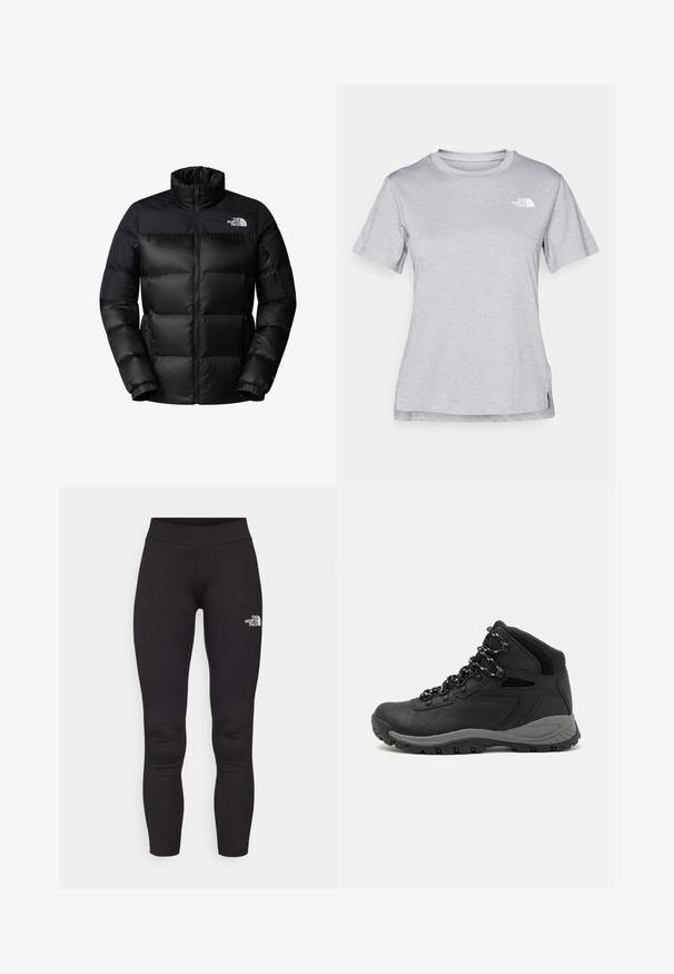 Giubbotto imbottito nero con chiusura a zip frontale, colletto alto e polsini a coste. Presenta una finitura opaca e un logo sul lato sinistro superiore.; T-shirt grigio a maniche corte realizzato in morbido tessuto traspirante. Presenta un collo tondo e un piccolo logo bianco nella parte superiore sinistra.; Leggings atletici neri realizzati in tessuto elastico. Presentano una vita alta e un piccolo logo bianco sulla coscia sinistra. Texture liscia.; Stivale da trekking nero con design a metà altezza, dotato di una tomaia texturizzata, accenti grigi e suola in gomma resistente con tasselli per la trazione.