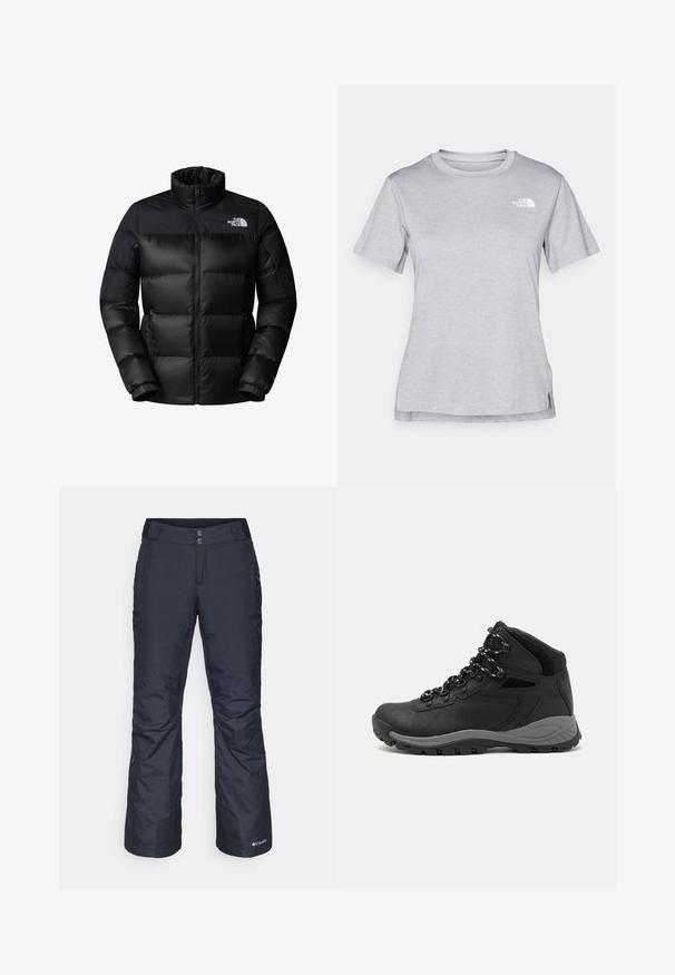Schwarze Daunenjacke mit durchgehendem Reißverschluss, hohem Kragen und gerippten Bündchen. Sie hat eine matte Oberfläche und ein Logo auf der oberen linken Seite.; Graues T-Shirt mit kurzen Ärmeln aus weichem, feuchtigkeitsableitendem Stoff. Hat einen Rundhalsausschnitt und ein kleines weißes Logo auf der oberen linken Seite.; Navyblaue isolierte Skihosen mit geradem Bein. Sie verfügen über einen Reißverschluss und einen Druckknopfverschluss, Taschen und verstärkte Säume.; Schwarzer Wanderstiefel mit einem mittelhohen Design, ausgestattet mit einer strukturierten Oberfläche, grauen Akzenten und einer robusten Gummisohle mit Profilstollen.