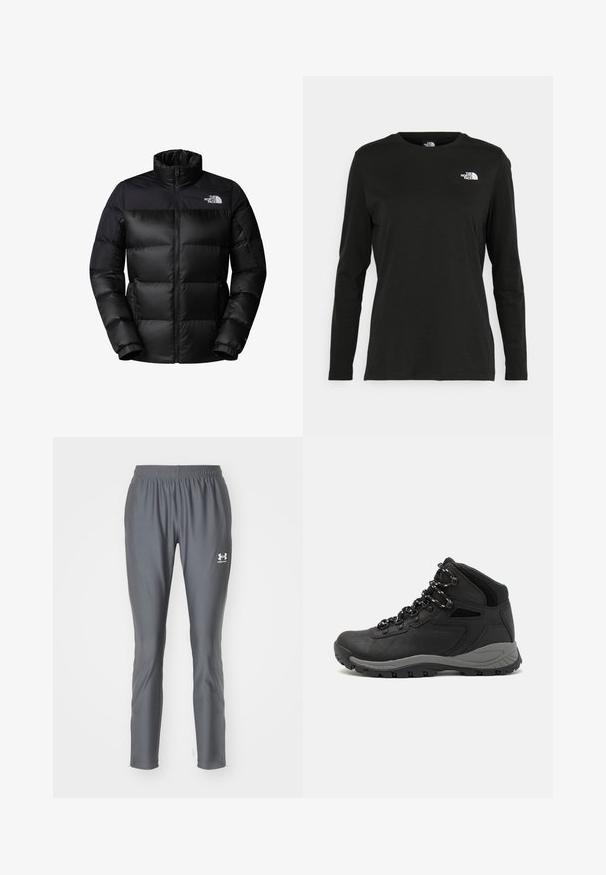 Crna puf jakna s patentnim zatvaračem sprijeda, visokim ovratnikom i rebrastim manžetama. Ima matirajući finiš i logotip na gornjoj lijevoj strani.; Crni dugih rukava majica od pamuka s okruglim izrezom. Ima mali bijeli logo na lijevoj strani prsnog područja. Jednostavan dizajn i kroj.; Sive hlače za atletiku izrađene od glatkog, laganog materijala s elastičnom trakom u struku i suženim nogavicama, s malim bijelim logotipom.; Crne planinarske čizme s dizajnom srednjeg vrha, sa teksturiranim gornjim dijelom, sivim akcentima i izdržljivom gumom potplatom s uzorkom za prianjanje.