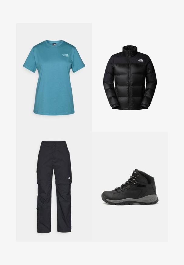 Schwarze Daunenjacke mit durchgehendem Reißverschluss, hohem Kragen und gerippten Bündchen. Sie hat eine matte Oberfläche und ein Logo auf der oberen linken Seite.; Türkisfarbener Kurzarm-T-Shirt aus Baumwolle, mit Rundhalsausschnitt und einem kleinen, in Weiß auf der linken Brust aufgedruckten Logo.; Schwarze Nylon-Zip-Off-Cargohosen mit verstellbaren Bündchen, mehreren Taschen und einem Logo am rechten Bein. Glatte, leichte Textur.; Schwarzer Wanderstiefel mit einem mittelhohen Design, ausgestattet mit einer strukturierten Oberfläche, grauen Akzenten und einer robusten Gummisohle mit Profilstollen.