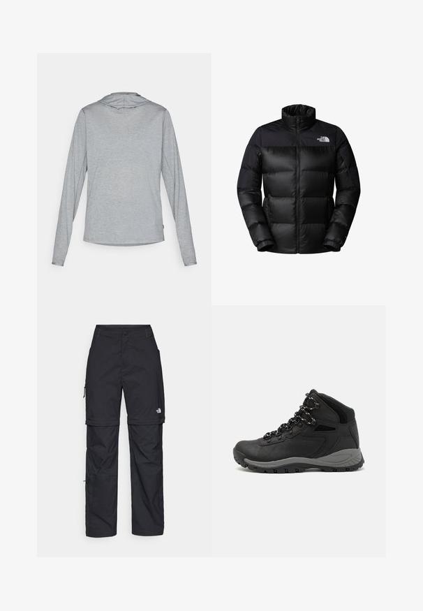 Juodas pūkinis švarkas su užtrauktuku priekyje, aukštu apykakle ir raukšlėtomis rankovėmis. Turi matinį paviršių ir logotipą viršutinėje kairėje pusėje.; Šviesiai pilka ilgomis rankovėmis džemperis, pasižymintis minkšta, tekstūrine medžiaga. Su gobtuvu, laisva siluetu ir apvaliu apdailos kraštu.; Juodos nailoninės krovinių kelnės su reguliuojamais rankovėmis, daugybe kišenių ir logo ant dešinės kojos. Lygi, lengva tekstūra.; Juodas žygio botas su vidutinio aukščio dizainu, pasižymintis tekstūruota viršutine dalimi, pilkų akcentų ir patvaria guma padanga su sukibimo gumbais.