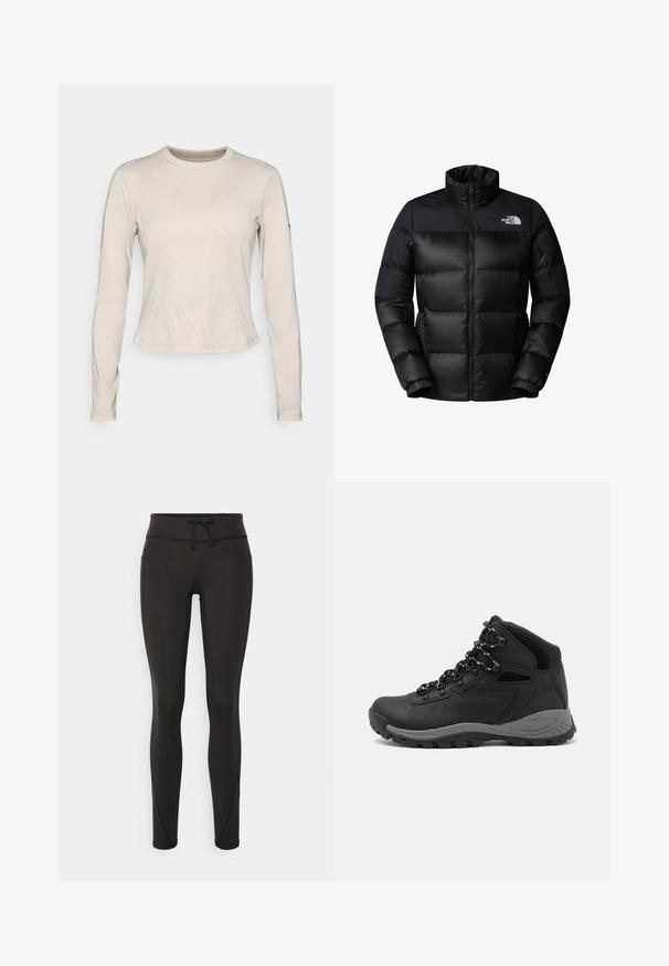 Schwarze Daunenjacke mit durchgehendem Reißverschluss, hohem Kragen und gerippten Bündchen. Sie hat eine matte Oberfläche und ein Logo auf der oberen linken Seite.; Langärmliges Oberteil in einem hellbeigen Farbton, mit einem strukturierten Muster aus sich kreuzenden Linien, Rundhalsausschnitt und schlanker Passform.; Schwarze Leggings mit hohem Bund, Kordelzug, glatter Textur und tailliertem Design. Verfügt über Nähte entlang der Seiten.; Schwarzer Wanderstiefel mit einem mittelhohen Design, ausgestattet mit einer strukturierten Oberfläche, grauen Akzenten und einer robusten Gummisohle mit Profilstollen.