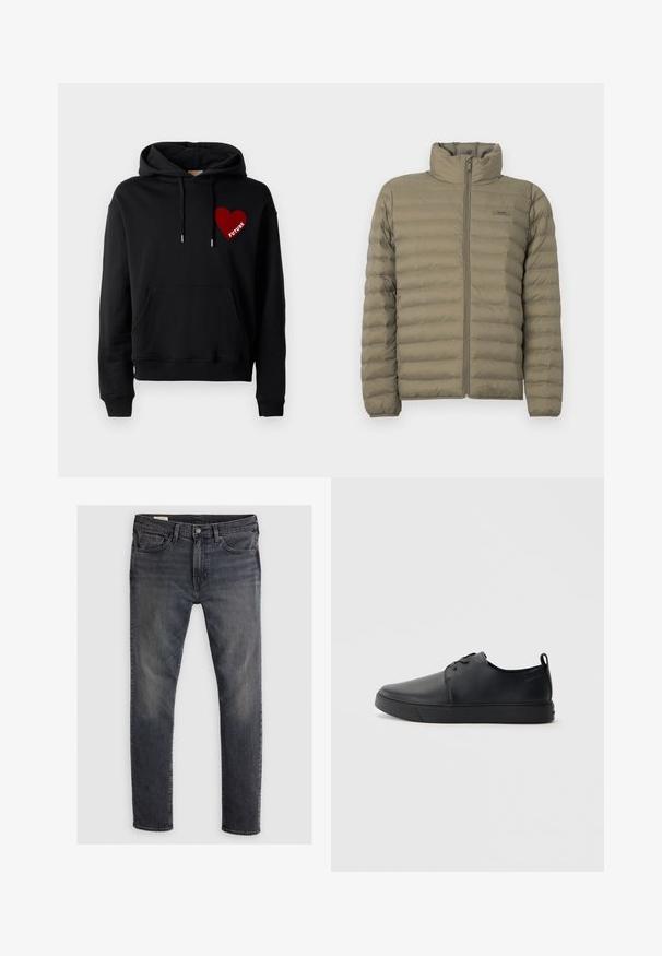 Podložena jakna v olivno zeleni barvi, z visokim ovratnikom, polnim zadrgo spredaj in horizontalno prešitimi teksturami. Vidna znamka na prsih.; Črna kapuca z žepom spredaj, z vrvicami in rdečo srčno grafiko z besedo "PRIHODNOST" v belem. Mehka bombažna tkanina.; Temno modri traper hlače s ravnim krojem, ki vključujejo zadrgo, zanke za pas in blede teksture. Klasičen 5-žepni slog s kovinskimi detajli v bakreni barvi.; Črne usnjene športne čevlje z gladko površino, okroglo oblikovano nosilo, toniranim šivanjem, vezanjem spredaj in ravnim gumijastim podplatom. Zanko na peti.