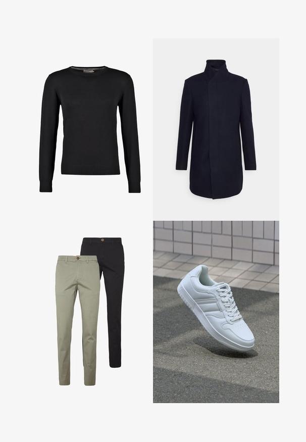 Mørkeblå ullblandingsfrakk med høy krage, skreddersydd design, lange ermer og sidelommer. Glatt tekstur og minimalistisk stil.; Svart strikket genser med lange ermer, rund halslinning og ribbestrikkede mansjetter og nederkant. Glatt tekstur og tettsittende design.; To par slanke bukser: en i lys beige bomull med en knappdetalj, den andre i ensfarget svart bomull, begge med sidelommer.; Hvit atletisk sneaker med glatt skinnoverside, snøring foran, perforert tå og mønstrets såle. Minimalistisk design med tre side-striper.