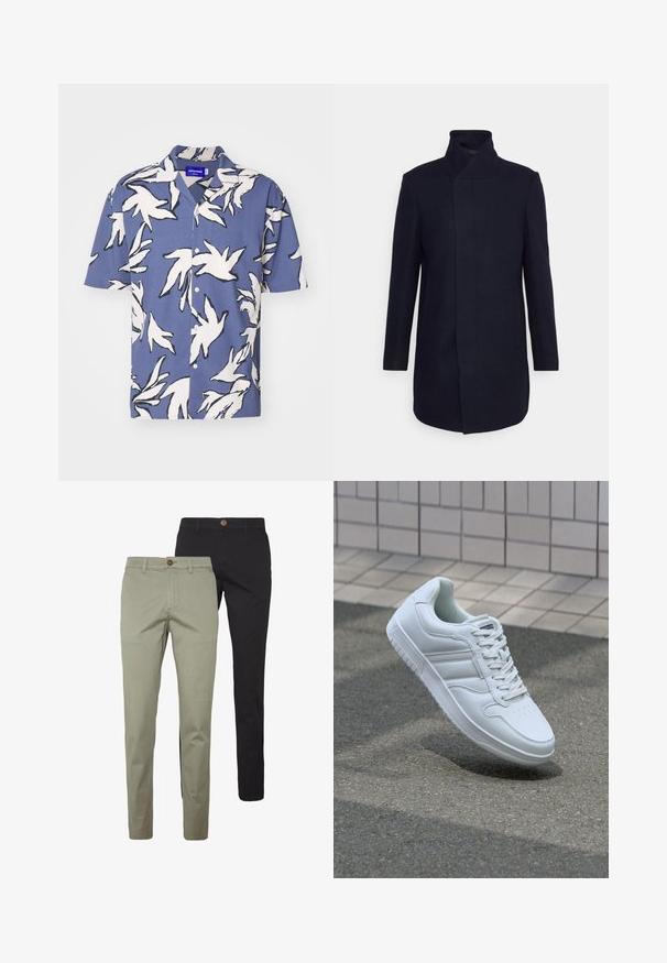 Mornarsko modri plašč iz volnene mešanice z visokim ovratnikom, prilagojeno zasnovo, dolgimi rokavi in stranskimi žepi. Gladka tekstura in minimalističen slog.; Jack & Jones JORJEFF - Srajca - night shadow blue; Dve pare hlač slim fit: ene v svetlejši bež bombažni tkanini z gumbom, druge pa v enotni črni bombažni tkanini, obe z stranskimi žepe.; Bela atletska teniska obutev z gladkim usnjenim zgornjim delom, vezanjem spredaj, perforiranim prstom in vzorčastim podplatom. Minimalistična zasnova s tremi stranskimi črtami.