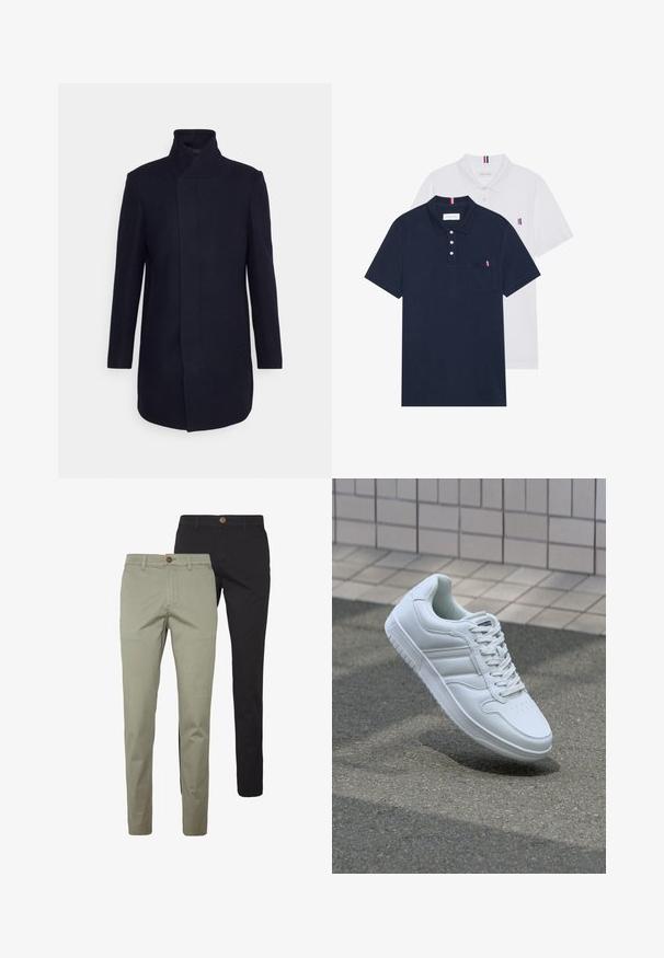 Marineblauer Wollmischungsmantel mit hohen Kragen, taillierter Passform, langen Ärmeln und Seitentaschen. Glatte Textur und minimalistischer Stil.; Zwei Poloshirts: eines in marineblau und eines in Weiß, beide mit einem kleinen rot, weiß und blauen Akzent auf der Brusttasche und dem Kragen.; Zwei Paare von Slim-Fit-Hosen: eine in hellbeigem Baumwollstoff mit einem Knopfdetail, die andere in einfarbigem schwarzem Baumwollstoff, beide mit Seitentaschen.; Weiße sportliche Sneaker mit Obermaterial aus glattem Leder, Schnürfront, durchlöchtem Zehenbereich und gemusterter Sohle. Minimalistisches Design mit drei Seitenstreifen.