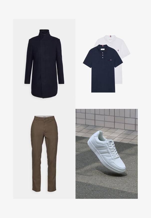 Cappotto in misto lana blu navy con colletto alto, design sartoriale, maniche lunghe e tasche laterali. Texture liscia e stile minimalista.; Due polo shirt: uno blu navy e uno bianco, entrambi con un piccolo accento rosso, bianco e blu sulla tasca del petto e sul colletto.; Jack & Jones JPSTMARCO JJDAVE NOOS - Chino - wren; Sneaker sportivo bianco con tomaia in pelle liscia, chiusura con lacci, punta perforata e suola decorata. Design minimalista con tre strisce laterali.