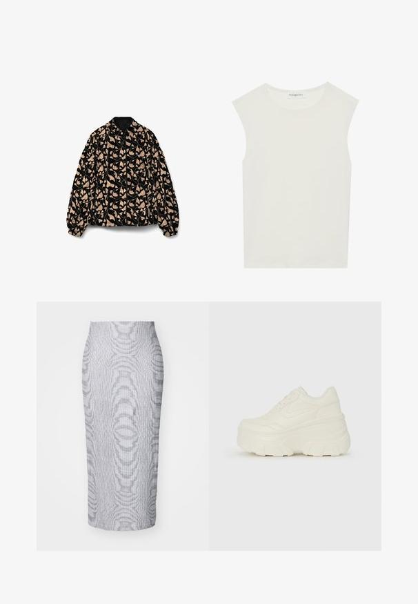 Melna bomber jaka ar beidzīgu abstraktu lapu rakstu, ribotu apkakli un elastīgām aprocēm. Izgatavota no quiltota auduma ar priekšējo rāvējslēdzēju.; Balts bez piedurknēm tops ar apaļu kakla izgriezumu. Izgatavots no gludas auduma, tam ir brīvs piegriezums un minimālistisks dizains. Nav nekādas rakstainības vai akcentu.; Pelēka ribota midi svārku ar pieguļošu siluetu, kurai ir teksturēts raksts visā virsmā un vienkrāsains jostasvīrs ērtībai.; Baltie platformas sporta apavi, kas izgatavoti no gludas mākslīgās ādas, ar noapaļotu formu, mīkstu apkakli un teksturētu gumijas zoli ar izteiktiem rakstiem.