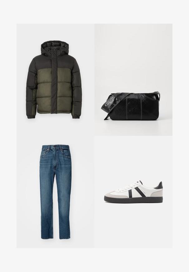 Fekete és sötétzöld bélelt téli kabát kapucnival, elülső cipzárral, amelyet egy fedél rejt, és rugalmas mandzsettákkal az ujjakon.; Beige, kötött pulóver magas, bordázott garbónyakkal. Texturált fonott minta és bordázott mandzsetta valamint alj jellemzi, ami kényelmes megjelenést kölcsönöz.; Kék denim farmer, egyenes szárú szabással, klasszikus öt zsebes kialakítással, fém gombos zárással és finom kopással.; Fehér sneaker fekete és szürke részletekkel, textúrált szürke orr résszel, fekete gumitalppal és lapos fehér fűzőkkel. Tiszta dizájn, minimalista stílus.; Fekete bőr válltáska, cipzárral zárva, texturált felülettel, fehér varrással és ezüst fémgyűrűs pánttal.