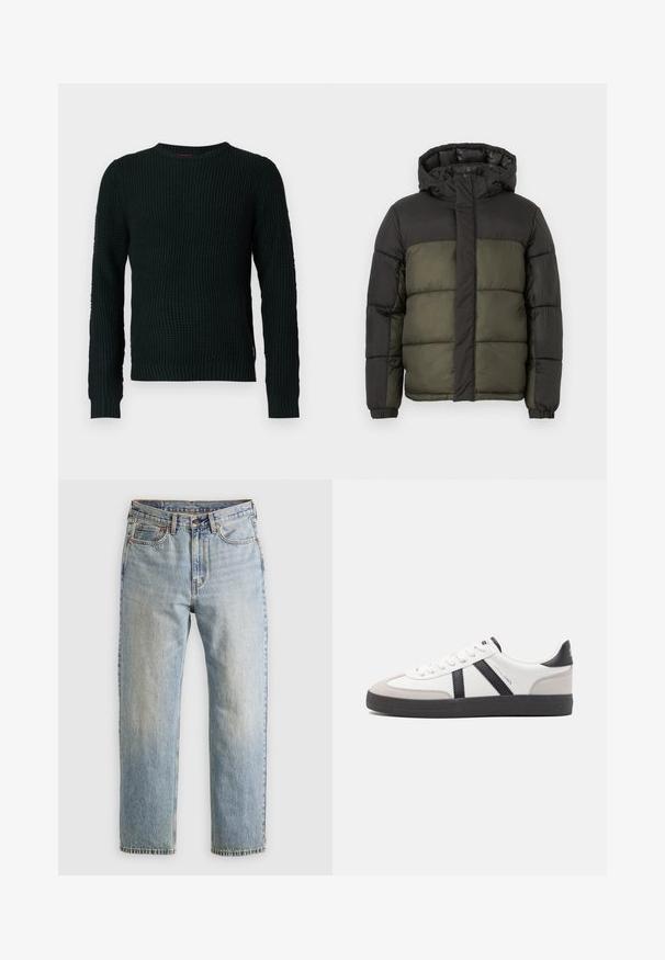 Black and dark green padded winter jacket with hood, front zipper covered by a flap, and elastic cuffs on sleeves.; Black chunky knit crewneck sweater with long sleeves and ribbed cuffs and hem, displayed on a white background.; Light blue denim jeans with high waist, front button, zipper, and five-pocket design, laid flat on a neutral background.; White sneaker with black and gray accents, featuring a textured gray toe cap, black rubber sole, and flat white laces. Clean design, minimalist style.