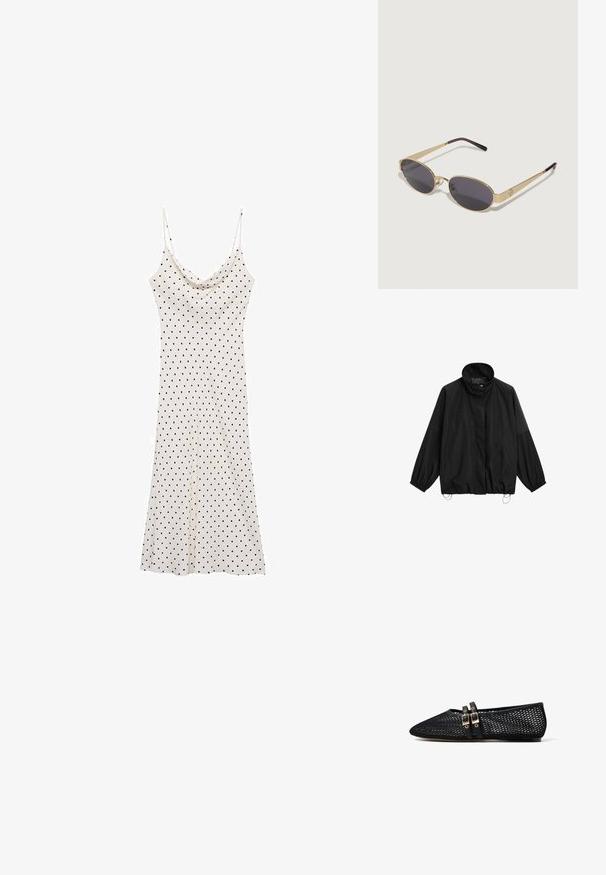 Zwarte lichtgewicht jas met hoge kraag, elastische manchetten en verstelbare koordjes aan de onderkant.; Mouwloze jurk van zacht, lichtgewicht materiaal; crèmekleurige achtergrond met zwarte stippen; gedrapeerde halslijn en vloeiende silhouet.; Zwarte mesh platte schoen met een puntige neus en twee dunne dubbele gespspatten over de wreef, weergegeven in zijprofiel op een witte achtergrond.; Gouden metalen zonnebril met ovale donkere glazen. Slanke pootjes gaan over in paarse uiteinden. Opvallend logo detail aan de zijkant.; Zwarte leren schoudertas met een ronde vorm, twee verstelbare banden en een subtiel logo op de voorkant. Gestructureerde buitenkant, minimalistisch ontwerp.