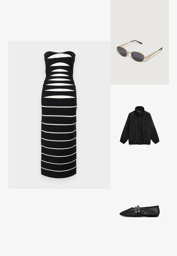 Černá lehká bunda s vysokým límcem, elastickými manžetami a nastavitelnými šňůrkami v spodní části.; Hervé Léger THE CAMERON GOWN - Pletené šaty - black; Černá síťovaná plochá obuv s špičatou špičkou a dvěma tenkými dvojitými přezkami přes nártek, zobrazená v bočním profilu na bílém pozadí.; Sluneční brýle s zlatým kovovým rámem a oválnými tmavými skly. Úzké nohy přecházejí do fialových zakončení. Pozoruhodný detail loga na boku.; Černá kožená crossbody taška zaobleného tvaru, se dvěma nastavitelnými popruhy a jemným logem na přední straně. Texturovaný povrch, minimalistický design.