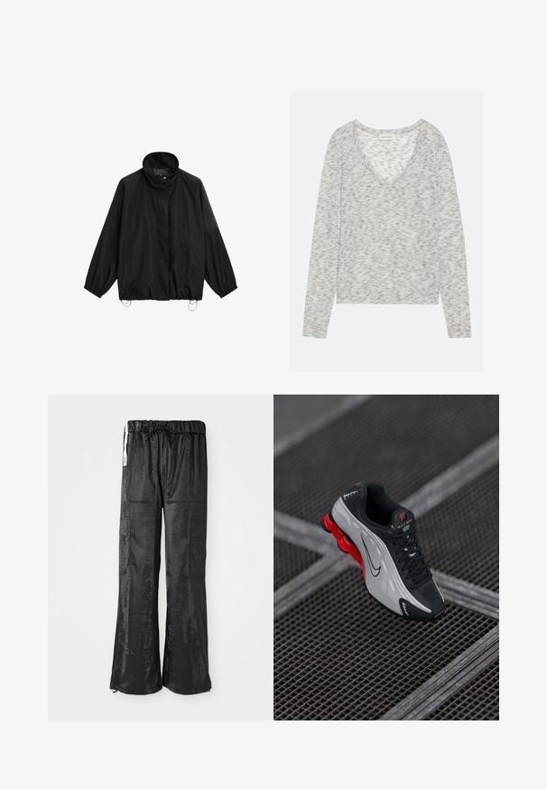 Svart lättviktjacka med hög krage, elastiska muddar och justerbara dragsko i fållen.; Grå långärmad topp med V-ringning, som har en subtil prickig struktur och mjukt stickat material. Etiketten visar "ANNA FIELD."; Mörkgrön ribbad T-shirt med korta ärmar, rund halsringning och en knappslå med fem knappar framtill. Mjuk textur och minimalistisk design.; Svarta cargo-byxor i glänsande, strukturerad tyg. Har en bred ben-design, elastisk midja med dragsko och flera sidofickor.; Svart och grå atletisk sko med röd dämpad sula, svarta snörningar och swoosh-logotyp som vilar på en metallgrillad yta.
