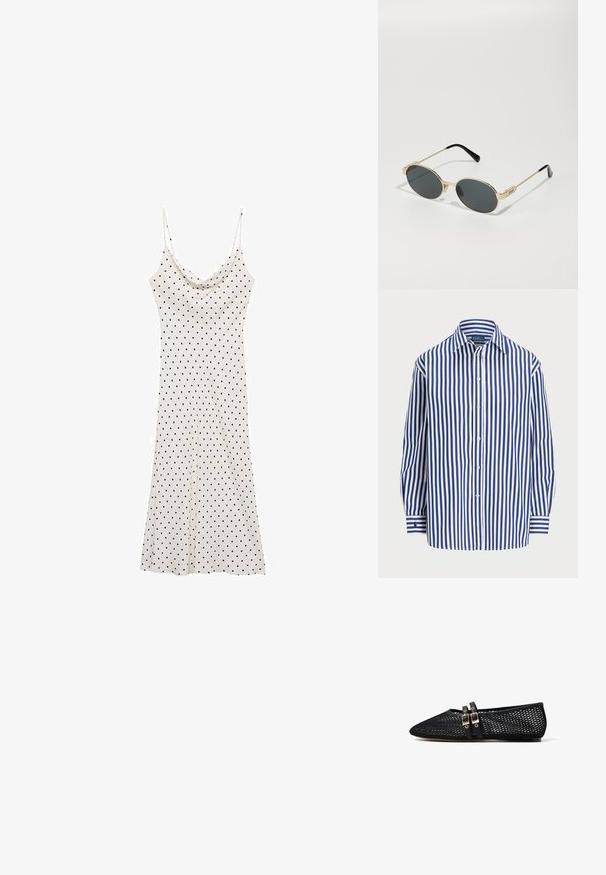 Zwarte lichtgewicht jas met hoge kraag, elastische manchetten en verstelbare koordjes aan de onderkant.; Gestreept shirt met verticale marineblauwe en witte lijnen, een knoopsluiting aan de voorkant en een klassieke kraag. Lange mouwen met knoopmanchetten.; Mouwloze jurk van zacht, lichtgewicht materiaal; crèmekleurige achtergrond met zwarte stippen; gedrapeerde halslijn en vloeiende silhouet.; Zwarte mesh platte schoen met een puntige neus en twee dunne dubbele gespspatten over de wreef, weergegeven in zijprofiel op een witte achtergrond.; Gouden metalen zonnebril met ovale lenzen en donkere getinte lenzen. Zwarte acetaattips op de armen. Merkennaam "QUAY" aan de zijkant.; Zwarte leren schoudertas met een ronde vorm, twee verstelbare banden en een subtiel logo op de voorkant. Gestructureerde buitenkant, minimalistisch ontwerp.
