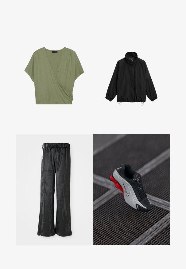 Schwarze, leichte Jacke mit hohem Kragen, elastischen Bündchen und verstellbaren Kordelzügen am Saum.; Kurzärmlige, olivgrüne Wickelbluse aus weichem, leichtem Stoff mit V-Ausschnitt und gerafften Seitendetails.; Schwarze Cargo-Hosen aus glänzendem, strukturiertem Stoff. Sie verfügen über ein weit geschnittenes Design, einen elastischen Bund mit Kordelzug und mehrere Seitentaschen.; Schwarzer und grauer Sportschuh mit roter gepolsterter Sohle, schwarzen Schnürsenkeln und Swoosh-Logo, das auf einer Metallgitteroberfläche ruht.