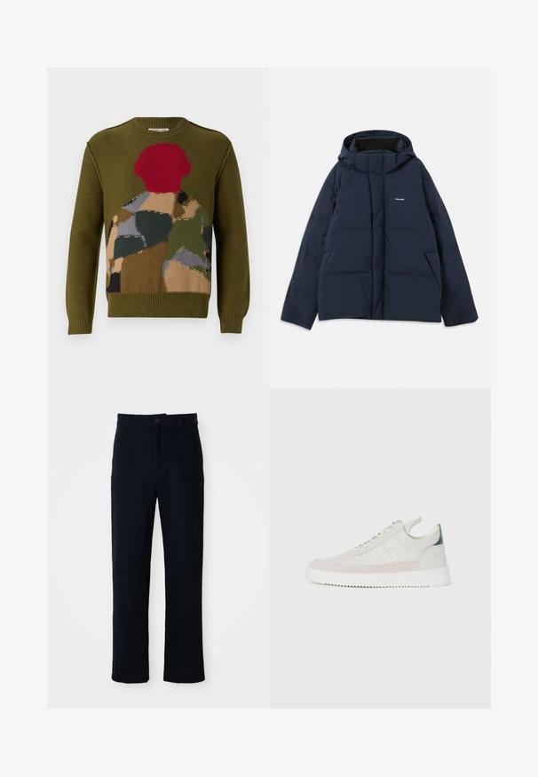 Navy blue padded jacket with a hood, featuring a front zip, two side pockets, and a small logo on the chest. Smooth, water-resistant fabric.; Olive green knitted sweater featuring a multicolored patchwork design with red, brown, and gray accents. Classic crew neck and ribbed cuffs.; Navy blue trousers made of cotton, featuring a straight-leg design, a front button closure, and classic waistband with belt loops.; White leather sneakers with gray suede accents, lace-up design, pull tab, and textured rubber sole featuring a zigzag pattern.