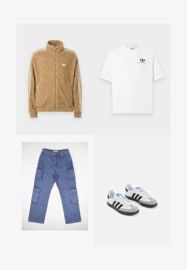 Καφέ, φ fuzzy fleece jacket με ψηλό γιακά, πλήρη φερμουάρ και λευκές λωρίδες στα πλάγια. Διαθέτει ένα μικρό λευκό λογότυπο στο στήθος.; Λευκό βαμβακερό μπλουζάκι με κοντά μανίκια, που διαθέτει το μαύρο λογότυπο "BASKETBALL" και την εμβληματική τριπλή ρίγα μπροστινά.; Μπλε τζίν cargo παντελόνι με πολλαπλές πλαϊνές τσέπες, ίσια γραμμή και κλασική μέση. Το ύφασμα έχει ελαφριά υφή και φθορά.; Αθλητικά παπούτσια με άσπρη δερμάτινη πάνω επιφάνεια, γκρι σουέτ μύτη και τρεις μαύρες ρίγες. Διαθέτουν μπλε λογότυπο στη γλώσσα και υφασμένο καουτσούκ σόλα.