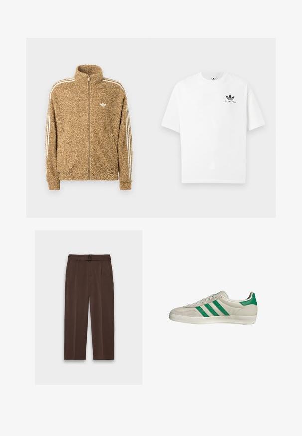 Giacca in felpa marrone e pelosa con collo alto, zip a tutta lunghezza e strisce bianche sui lati. Presenta un piccolo logo bianco sul petto.; T-shirt bianco in cotone con maniche corte, caratterizzato da un logo nero "BASKETBALL" e dal noto design a tre strisce sul davanti.; Pantaloni marroni con cintura, caratterizzati da una vita alta, davanti plissettato e tasche laterali; realizzati in un tessuto liscio e texturizzato.; Sneaker beige con strisce verdi, con suola bianca e tomaia in pelle liscia. Vista laterale che evidenzia i dettagli dei lacci e il logo.