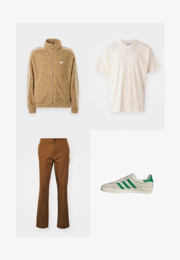 Giacca in felpa marrone e pelosa con collo alto, zip a tutta lunghezza e strisce bianche sui lati. Presenta un piccolo logo bianco sul petto.; T-shirt in cotone crema con scollatura rotonda e maniche corte; presenta un piccolo logo chiaro sul petto.; Pantaloni rettilinei marroni in tessuto misto cotone, dotati di chiusura con zip, bottone e tasche frontali. Tessuto liscio, design casual.; Sneaker beige con strisce verdi, con suola bianca e tomaia in pelle liscia. Vista laterale che evidenzia i dettagli dei lacci e il logo.