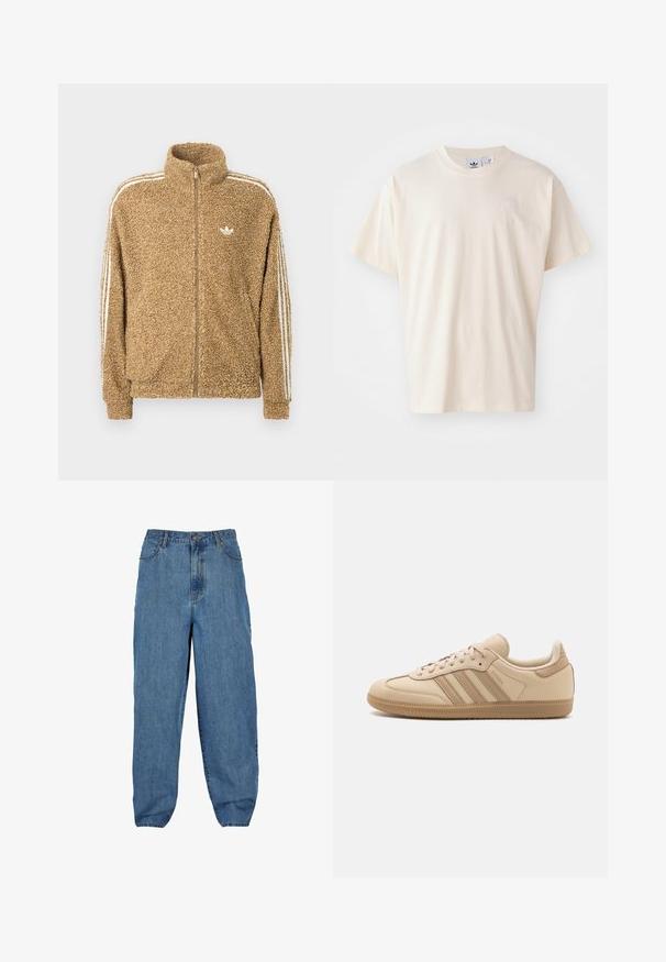 Brązowa, puszysta kurtka polarowa z wysokim kołnierzem, pełnym zamkiem i białymi paskami po bokach. Posiada małe białe logo na piersi.; Kremowa bawełniana koszulka z okrągłym dekoltem i krótkimi rękawami; posiada małe, jasne logo na piersi.; Jasnoniebieskie dżinsy o wysokim stanie, szerokiej nogawce, pięciu kieszeniach oraz zapięciu na guzik i zamek błyskawiczny.; Beżowe skórzane sneakersy z trzema poziomymi paskami, okrągłym noskiem, płaską brązową gumową podeszwą oraz miękkim materiałowym wykończeniem na kołnierzu i języku.
