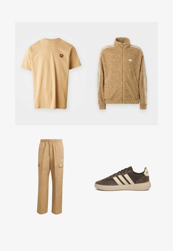 Brun, fuzzy fleecejakke med høj krave, fuld lynlås og hvide sidelister. Har et lille hvidt logo på brystet.; Beige bomulds t-shirt med korte ærmer, rund halsudskæring og et lille brunt hjerte-logo på venstre brystområde. Glat tekstur, afslappet design.; Lysebrune cargo-bukser med elastisk talje, to sidelommer og et lille hvidt logo på øverste venstre lår. Glat tekstur.; Brun ruskindssneaker med tre hvide striber, rundet tå, tyk gummisål og minimal branding på hælen.