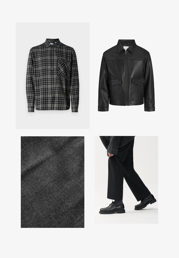 Schwarze Lederjacke mit Kragen, Frontreißverschluss, zwei großen Klappen Taschen, glatte Textur und strukturierte Passform.; Schwarzer gestrickter Pullover mit rundem Halsauschnitt, langen Ärmeln und einem gerippten Textur. Verfügt über einen geraden Saum und ein minimales Design.; Only & Sons ARCHER WASHES RELAXED - Hemd - black; Strukturierter schwarzer Stoff mit einer weichen, leicht glänzenden Oberfläche, die ein dezentes Webmuster und einen geschmeidigen Fall aufweist.; Schwarze Lederschuhe mit einer runden Spitze, Schnürdesign und dicker, strukturierter Sohle. Getragen mit maßgeschneiderten schwarzen Hosen und einem gerippten Pullover.