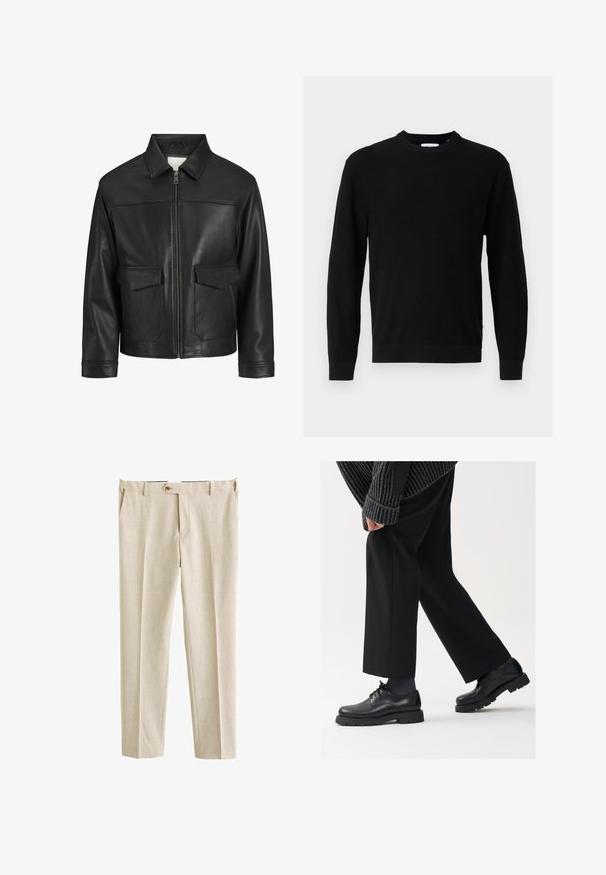 Czarna skórzana kurtka z kołnierzem, zapięciem na zamek z przodu, dwiema dużymi kieszeniami z klapką, gładką fakturą oraz dopasowanym krojem.; Czarny sweter dzianinowy z okrągłym dekoltem, długimi rękawami i prążkowaną fakturą. Posiada prosty dół i minimalistyczny design.; Beżowe spodnie garniturowe z fakturowanej tkaniny, z klasycznym pasem, fałdami z przodu i pojedynczym zapięciem na guzik.; Czarne skórzane buty z okrągłym noskiem, sznurowanym zapięciem i grubą, fakturowaną podeszwą. Noszone z dopasowanymi czarnymi spodniami i swetrem z prążkowanej tkaniny.