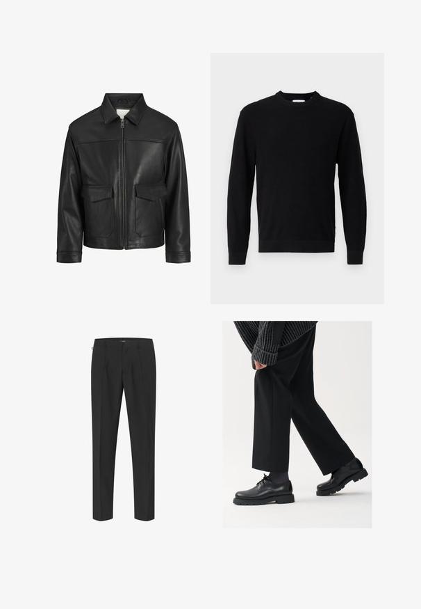 Melna ādas jaka ar apkakli, priekšējo rāvējslēdzēju, divām lielām kabatām ar atloku, gludu tekstūru un strukturētu piegriezumu.; Melnā adītā džemperis ar apaļu kakla izgriezumu, garām piedurknēm un ribotu tekstūru. Iezīmē taisnu malu un minimālistisku dizainu.; Melni pielāgotie bikses ar elegantu dizainu, kas ietver priekšējos izgriezumus, taisnas kājas un gludu tekstūru. Minimālas piederumu detaļas un nav redzamu rakstu.; Melni ādas apavi ar noapaļotu purngalu, aukliņu dizainu un biezu, teksturētu zoli. Valkāti ar piegrieztām melnām biksēm un ribotu džempera.