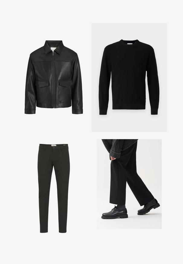 Must mustserve nahkjakker, millel on krae, esine tõmblukk, kaks suurt klapiga taskut, sile tekstuur ja struktureeritud sobivus.; Must black knitted sweater, mille ringikrae, pikad varrukad ja sooniktekstuur. Omab sirget äärt ja minimalisiti disaini.; Mustad slim-fit püksid, mis on valmistatud siledast kangast, varustatud nööbiga sulgemise, vöödega, ees olevate taskutega ning minimalistliku disainiga.; Mustad mustad nahast kingad ümarate varvastega, nööridega disain ja paks tekstuurne talla. Kanda koos kohandatud mustade pükstega ja ribadega sviitriga.