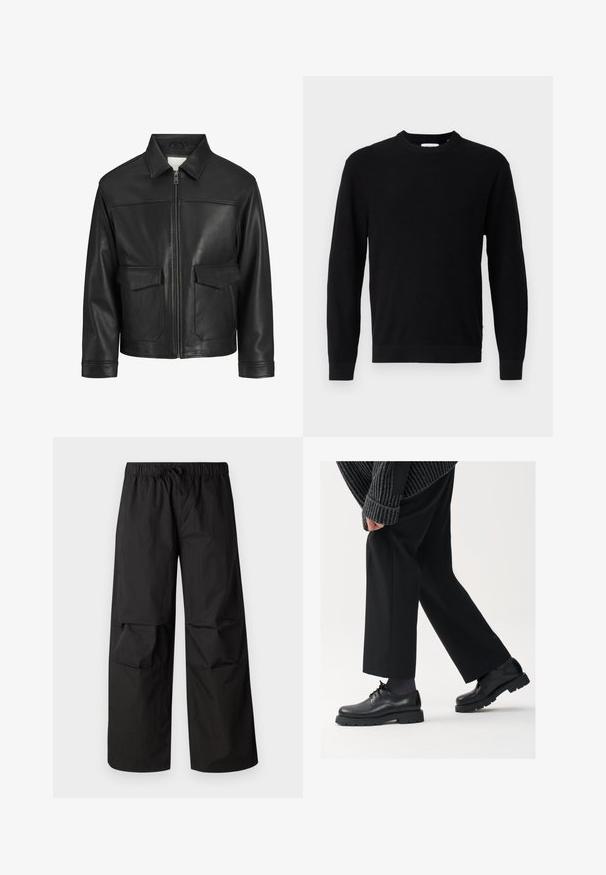 Chaqueta de cuero negro con cuello, cierre frontal de cremallera, dos grandes bolsillos con solapa, textura lisa y ajuste estructurado.; Suéter negro de punto con cuello redondo, mangas largas y textura acanalada. Presenta un dobladillo recto y un diseño minimalista.; Pantalones de pierna ancha negros, hechos de un tejido ligero, que cuentan con una cintura elástica con cordón y detalles en los paneles de las rodillas.; Zapatos de cuero negro con punta redondeada, diseño de cordones y suela gruesa y texturizada. Combinados con pantalones negros a medida y un suéter acanalado.