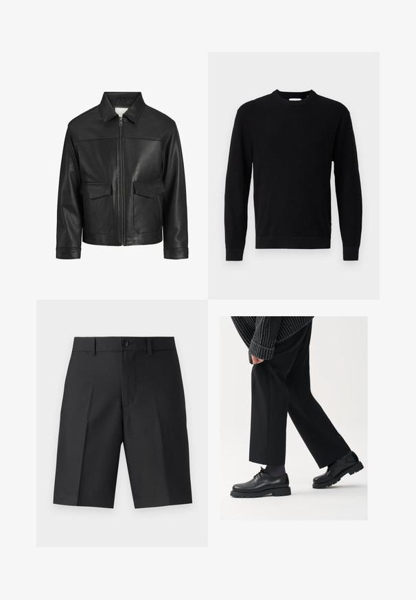 Juodas odinis švarkas su apykakle, priekinis užtrauktukas, dvi didelės kišenės su atlapais, lygus paviršius ir struktūruotas siluetas.; Juodas megztinis su apvaliu iškirpimu, ilgomis rankovėmis ir raštuotu paviršiumi. Turi tiesią apačią ir minimalistinį dizainą.; Juodi pritaikyti šortai, pagaminti iš lengvos medžiagos, su tiesiu siluetu, vienu raukšlėjimu ir priekyje esančia mygtukų uždarymo sistema.; Juodos odinės kojinės su apvalia nosimi, raištelių dizainu ir storu, tekstūriniu padu. Dėvimos su pritaikytomis juodomis kelnėmis ir liniuotėmis megztiniu.