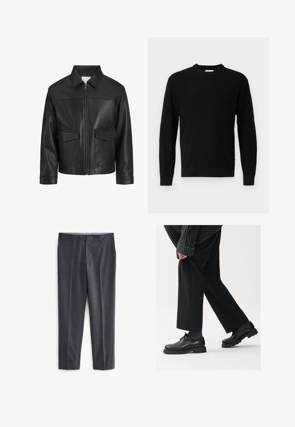 Schwarze Lederjacke mit Kragen, Frontreißverschluss, zwei großen Klappen Taschen, glatte Textur und strukturierte Passform.; Schwarzer gestrickter Pullover mit rundem Halsauschnitt, langen Ärmeln und einem gerippten Textur. Verfügt über einen geraden Saum und ein minimales Design.; Graue maßgeschneiderte Hose mit strukturiertem Muster, zwei vorderen Taschen, Gürtelschlaufen und einem einzigen Knopfverschluss an der Taille.; Schwarze Lederschuhe mit einer runden Spitze, Schnürdesign und dicker, strukturierter Sohle. Getragen mit maßgeschneiderten schwarzen Hosen und einem gerippten Pullover.