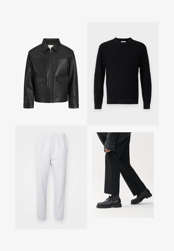Czarna skórzana kurtka z kołnierzem, zapięciem na zamek z przodu, dwiema dużymi kieszeniami z klapką, gładką fakturą oraz dopasowanym krojem.; Czarny sweter dzianinowy z okrągłym dekoltem, długimi rękawami i prążkowaną fakturą. Posiada prosty dół i minimalistyczny design.; Jasnoszare dresy z miękkiej mieszanki bawełny, z elastycznym paskiem w talii i dopasowanymi mankietami przy kostkach. Brak widocznych wzorów lub logo.; Czarne skórzane buty z okrągłym noskiem, sznurowanym zapięciem i grubą, fakturowaną podeszwą. Noszone z dopasowanymi czarnymi spodniami i swetrem z prążkowanej tkaniny.
