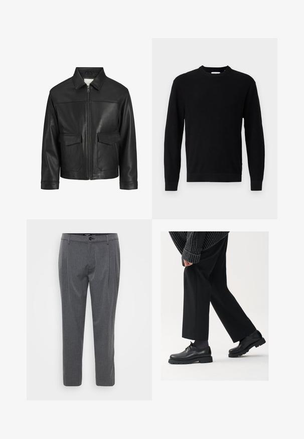 Sort læderjakke med krave, lynlås foran, to store klapperlommer, glat tekstur og struktureret pasform.; Sort strikket sweater med rund halsudskæring, lange ærmer og ribbestruktur. Har en lige kant og et minimalistisk design.; Grå stribede bukser lavet af vævet stof, med flad front, bæltestropper og en enkelt knaplukning. Skåret pasform og opkradede ben.; Sorte lædersko med rund tå, snørebåndsdesign og tyk, tekstureret sål. Båret sammen med skræddersyede sorte bukser og en ribbet sweater.