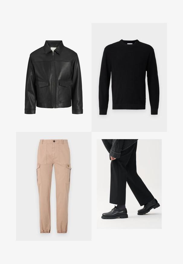 Svart läderjacka med krage, framsida med dragkedja, två stora framfickor, slät textur och strukturerad passform.; Svart stickad tröja med rund halsringning, långa ärmar och ribbstruktur. Har en rak nederkant och en minimalistisk design.; Beiga cargobyxor med slim fit, med två sidofickor och elastiska muddar. Mjuk bomullstyg, enkel design utan mönster.; Svarta läderskor med rund tå, snörningsdesign och tjock, strukturerad sula. Bärs med skräddarsydda svarta byxor och en ribbad tröja.