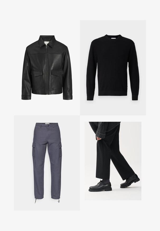 Melna ādas jaka ar apkakli, priekšējo rāvējslēdzēju, divām lielām kabatām ar atloku, gludu tekstūru un strukturētu piegriezumu.; Melnā adītā džemperis ar apaļu kakla izgriezumu, garām piedurknēm un ribotu tekstūru. Iezīmē taisnu malu un minimālistisku dizainu.; Tumši pelēki kokvilnas krūšturi. Iespējas sānu kabatas, pogu aizdare un regulējami apakšmalas ar saitēm. Taisnas kāju dizains ar bezšuvju tekstūru.; Melni ādas apavi ar noapaļotu purngalu, aukliņu dizainu un biezu, teksturētu zoli. Valkāti ar piegrieztām melnām biksēm un ribotu džempera.