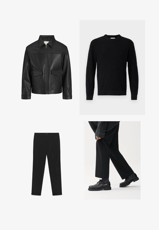 Fekete bőrdzseki gallérral, elöl cipzárral, két nagy fedeles zsebbel, sima felülettel és strukturált fazonnal.; Fekete kötött pulcsi kerek nyakkivágással, hosszú ujjakkal és bordázott textúrával. Egyenes szegéllyel és minimalista dizájnnal rendelkezik.; Fekete, sima szövetből készült nadrág, karcsúsított szabással, sík elülső résszel, két oldalzsebbel és gombos derékzárral.; Fekete bőr cipők kerek orral, fűzős kialakítással és vastag, texturált talppal. Öltönyös fekete nadrággal és bordázott pulóverrel viselve.