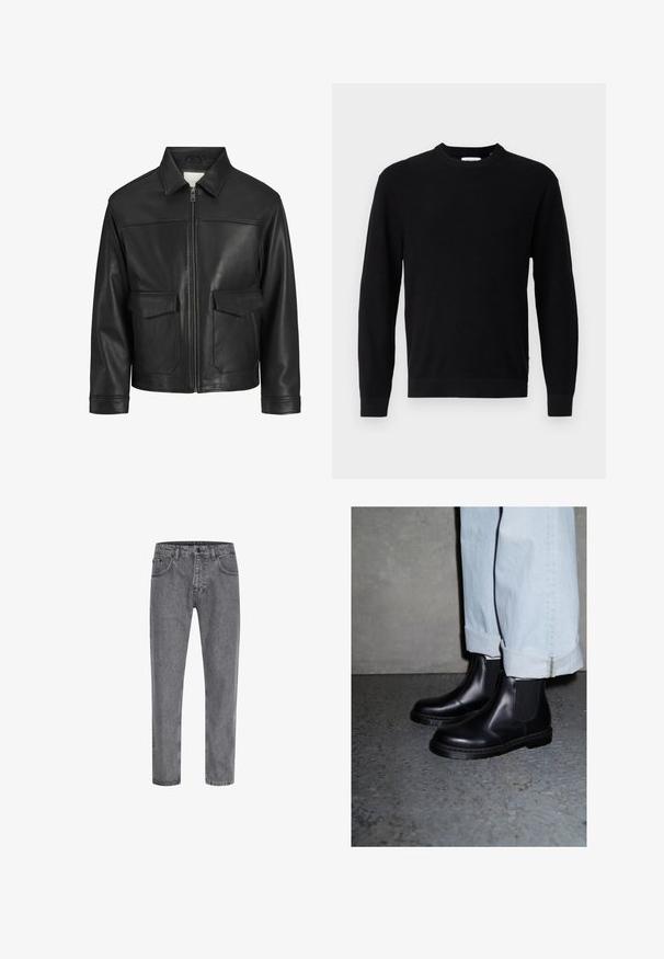 Crna kožna jakna s ovratnikom, prednjim zatvaračem na zip, dva velika džepa s preklopom, glatkom teksturom i strukturiranim krojem.; Crni pleteni pulover s okruglim izrezom, dugim rukavima i rebrastom teksturom. Ima ravni donji rub i minimalni dizajn.; Sive traperice sa ravnim krojem, dizajnom od pet džepova, klasičnim dugmetom i patentnim zatvaračem, te suptilnim izbljeđivanjem na teksturi tkanine.; Crne kožne Chelsea čizme s elastičnim bočnim panelima i teksturiranim gumennim potplatom, u paru s svijetloplavim farmerkama s omčom.
