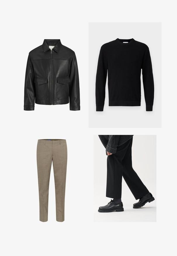 Czarna skórzana kurtka z kołnierzem, zapięciem na zamek z przodu, dwiema dużymi kieszeniami z klapką, gładką fakturą oraz dopasowanym krojem.; Czarny sweter dzianinowy z okrągłym dekoltem, długimi rękawami i prążkowaną fakturą. Posiada prosty dół i minimalistyczny design.; Beżowe spodnie o dopasowanym kroju z delikatnym wzorem w kratę, prostą nogawką, kieszeniami z przodu i gładką fakturą materiału.; Czarne skórzane buty z okrągłym noskiem, sznurowanym zapięciem i grubą, fakturowaną podeszwą. Noszone z dopasowanymi czarnymi spodniami i swetrem z prążkowanej tkaniny.