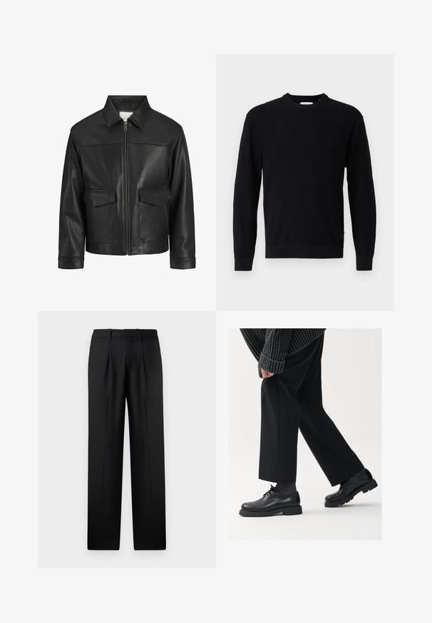 Must mustserve nahkjakker, millel on krae, esine tõmblukk, kaks suurt klapiga taskut, sile tekstuur ja struktureeritud sobivus.; Must black knitted sweater, mille ringikrae, pikad varrukad ja sooniktekstuur. Omab sirget äärt ja minimalisiti disaini.; Mustad, kõrge vöökohaga püksid sirge jala disainiga, millel on ees voldid ja vöökoharihmad, valmistatud siledast kangast.; Mustad mustad nahast kingad ümarate varvastega, nööridega disain ja paks tekstuurne talla. Kanda koos kohandatud mustade pükstega ja ribadega sviitriga.