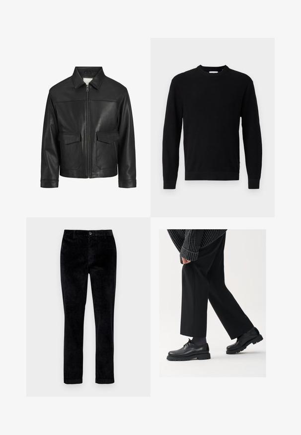 Juodas odinis švarkas su apykakle, priekinis užtrauktukas, dvi didelės kišenės su atlapais, lygus paviršius ir struktūruotas siluetas.; Juodas megztinis su apvaliu iškirpimu, ilgomis rankovėmis ir raštuotu paviršiumi. Turi tiesią apačią ir minimalistinį dizainą.; Juodi kordūriniai kelnių su tiesiu kirpimu, su priekiniais mygtukais, diržo kilpomis ir suvalkytomis rankovėmis, kad būtų pridėta detalė.; Juodos odinės kojinės su apvalia nosimi, raištelių dizainu ir storu, tekstūriniu padu. Dėvimos su pritaikytomis juodomis kelnėmis ir liniuotėmis megztiniu.