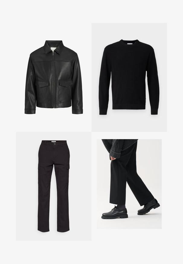 Sort læderjakke med krave, lynlås foran, to store klapperlommer, glat tekstur og struktureret pasform.; Sort strikket sweater med rund halsudskæring, lange ærmer og ribbestruktur. Har en lige kant og et minimalistisk design.; Sorte cargo-bukser med lige ben-design, der har sidelommer, en knaplukning og et robust bomuldsblandingsmateriale.; Sorte lædersko med rund tå, snørebåndsdesign og tyk, tekstureret sål. Båret sammen med skræddersyede sorte bukser og en ribbet sweater.