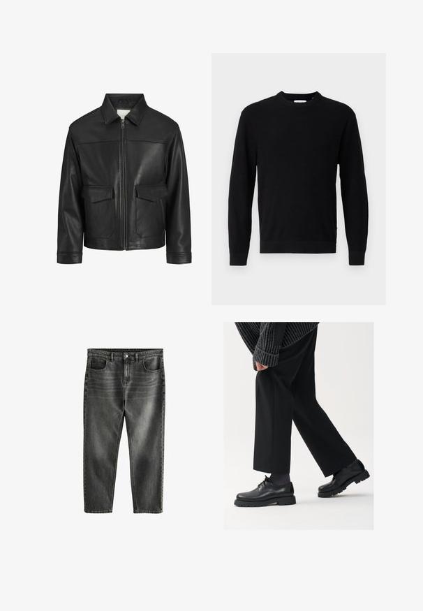 Schwarze Lederjacke mit Kragen, Frontreißverschluss, zwei großen Klappen Taschen, glatte Textur und strukturierte Passform.; Schwarzer gestrickter Pullover mit rundem Halsauschnitt, langen Ärmeln und einem gerippten Textur. Verfügt über einen geraden Saum und ein minimales Design.; Dunkelgraue Jeans aus Denim mit entspanntem Schnitt, fünf Taschen, dezentem Verblassen und kontrastierender Naht. Metallknopf und Reißverschluss.; Schwarze Lederschuhe mit einer runden Spitze, Schnürdesign und dicker, strukturierter Sohle. Getragen mit maßgeschneiderten schwarzen Hosen und einem gerippten Pullover.