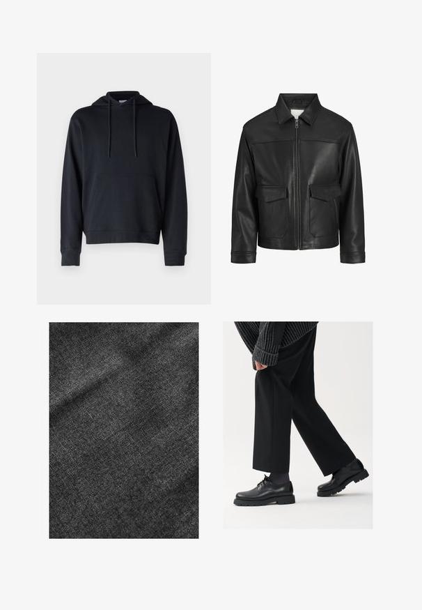 Giubbotto di pelle nera con colletto, chiusura frontale con zip, due ampie tasche a pattina, texture liscia e vestibilità strutturata.; Hoodie nero realizzato in tessuto misto cotone, caratterizzato da una tasca a marsupio, cordini regolabili e polsini e orlo a costine. Design semplice.; Tessuto nero testurizzato con una superficie morbida e leggermente lucida, che mostra un sottile motivo di tessitura e una caduta morbida.; Scarpe in pelle nera con punta arrotondata, design con lacci e suola spessa e texture. Indossate con pantaloni neri su misura e un maglione a coste.