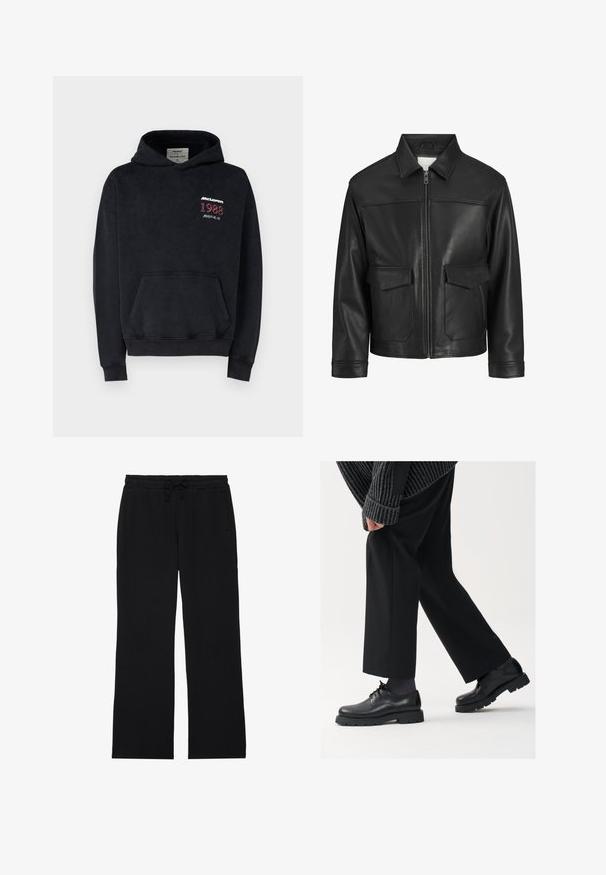 Svart skinnjakke med krave, frontlukking med glidelås, to store klafflommer, glatt tekstur og strukturert passform.; Abercrombie & Fitch MCLAREN POPOVER - Hoodie - black beauty acid wash; YOURTURN UNISEX - Joggebukse - black; Sorte skinnsko med rund tupp, snøring og tykk, teksturert såle. Brukt med skreddersydde svarte bukser og en ribbet genser.