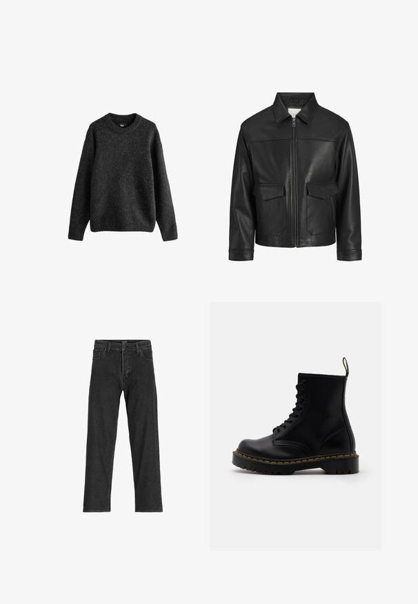 Črna usnjena jakna s ovratnikom, sprednjim zadrgo, dvema velikima žepoma s klapnio in gladko teksturo ter strukturirano prileganje.; Temno sivo pulover, izdelan iz teksturirane volnene mešanice, z okruglim izrezom, dolgimi rokavi in ribanim manšetami ter robom. Enostaven dizajn.; Črne kavbojke z ravnim krojem, ki vključujejo zadrgo, paski in šest žepov, narejene iz trpežne mešanice bombaža.; Črne usnjene gležnjarje z vezalkami spredaj, rumenim šivom, zaobljenim nosom in debelim, teksturiranim gumijastim podplatom.